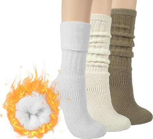 BomKinta Thick Slouch Socks Women - Long Soft Scrunch Knee High Boot Socks - Stack Socks for Women 3 Pair Pack White Beige Khaki Size 5-10 | Amazon (US)