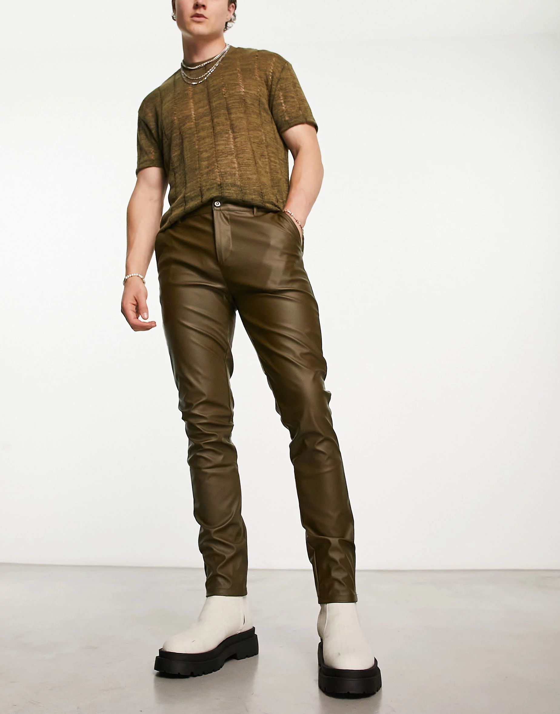 ASOS DESIGN leather look skinny trousers in khaki | ASOS (Global)