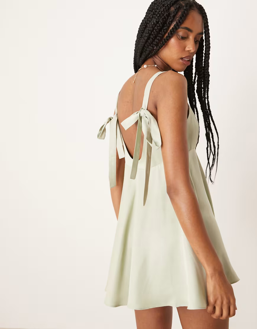 ASOS DESIGN satin bow back a line mini dress in sage-Green | ASOS (Global)