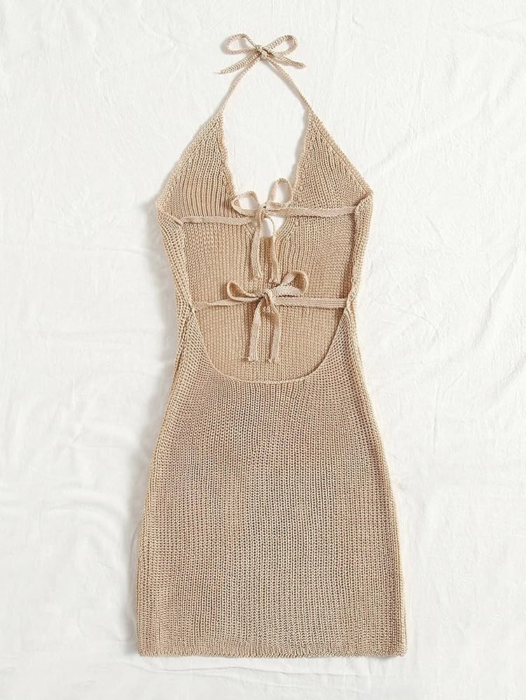 MakeMeChic Women's Sleeveless Halter Tie Back Knitted Swim Beach Cover Up Dress | Amazon (US)