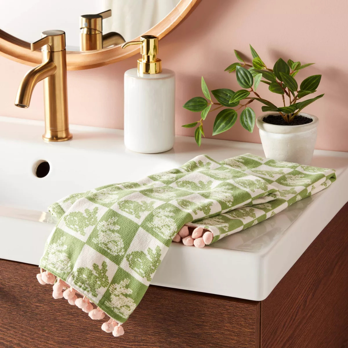 2pk Easter Bunny Check Pink Pom Hand Towel Green - Threshold™ | Target