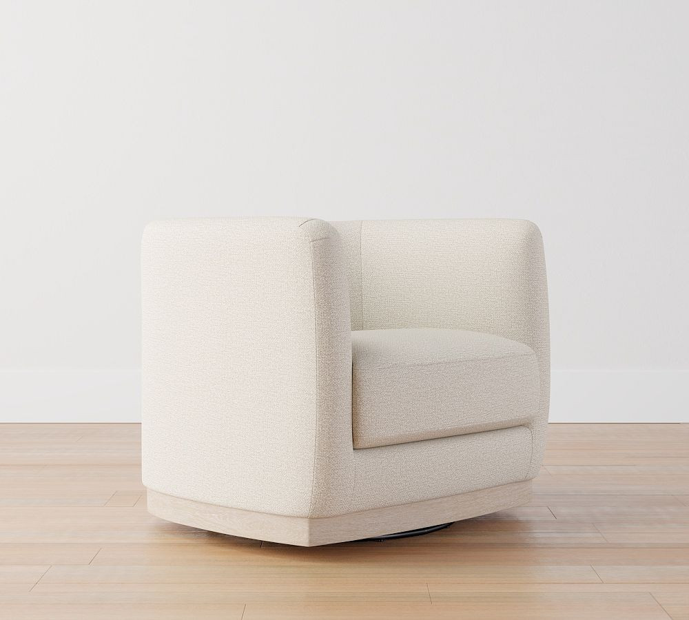 Danton Upholstered Swivel Armchair with Wood Base, Polyester Wrapped Cushions, Performance Chateau Basketweave Oatmeal | Pottery Barn (US)