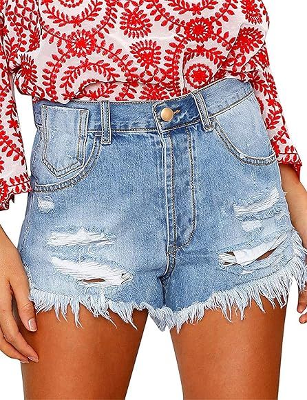 onlypuff Denim Hot Shorts for Women Casual Summer Mid Waisted Short Pants with Pockets | Amazon (US)