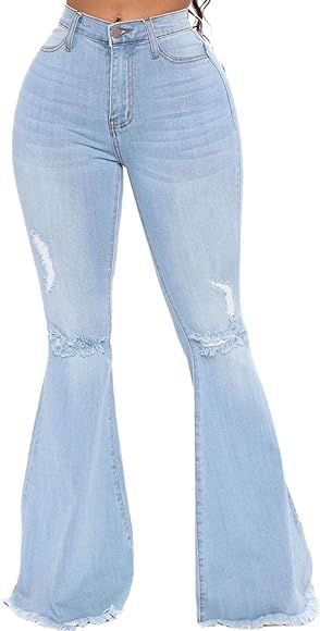 CutieLove Women's Flare Bell Bottom Jeans Ripped Destroyed Long Denim Pants | Amazon (US)