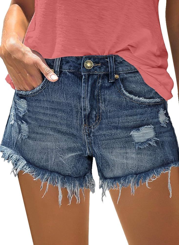Women's Mid Rise Ripped Denim Shorts Frayed Raw Hem Casual Jeans Shorts | Amazon (US)