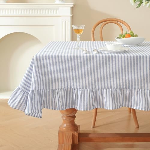 meioro Striped Ruffled Tablecloth Square Summer Cotton Blend Fabric Stripe Table Cloth with Tassel, Farmhouse Washable Wrinkle Free Table Cover for Easter Outdoor Picnic Party Dining, Blue, 55''x55'' | Amazon (US)