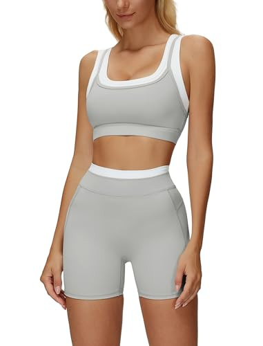Womens Workout Sets Two Piece Color Block Layered Square Neck Sports Bra Matching Tummy Control High Wait Biker Shorts 2 Piece Gym Sets Yoga Pilates Outfits Gray X-Large | Amazon (US)