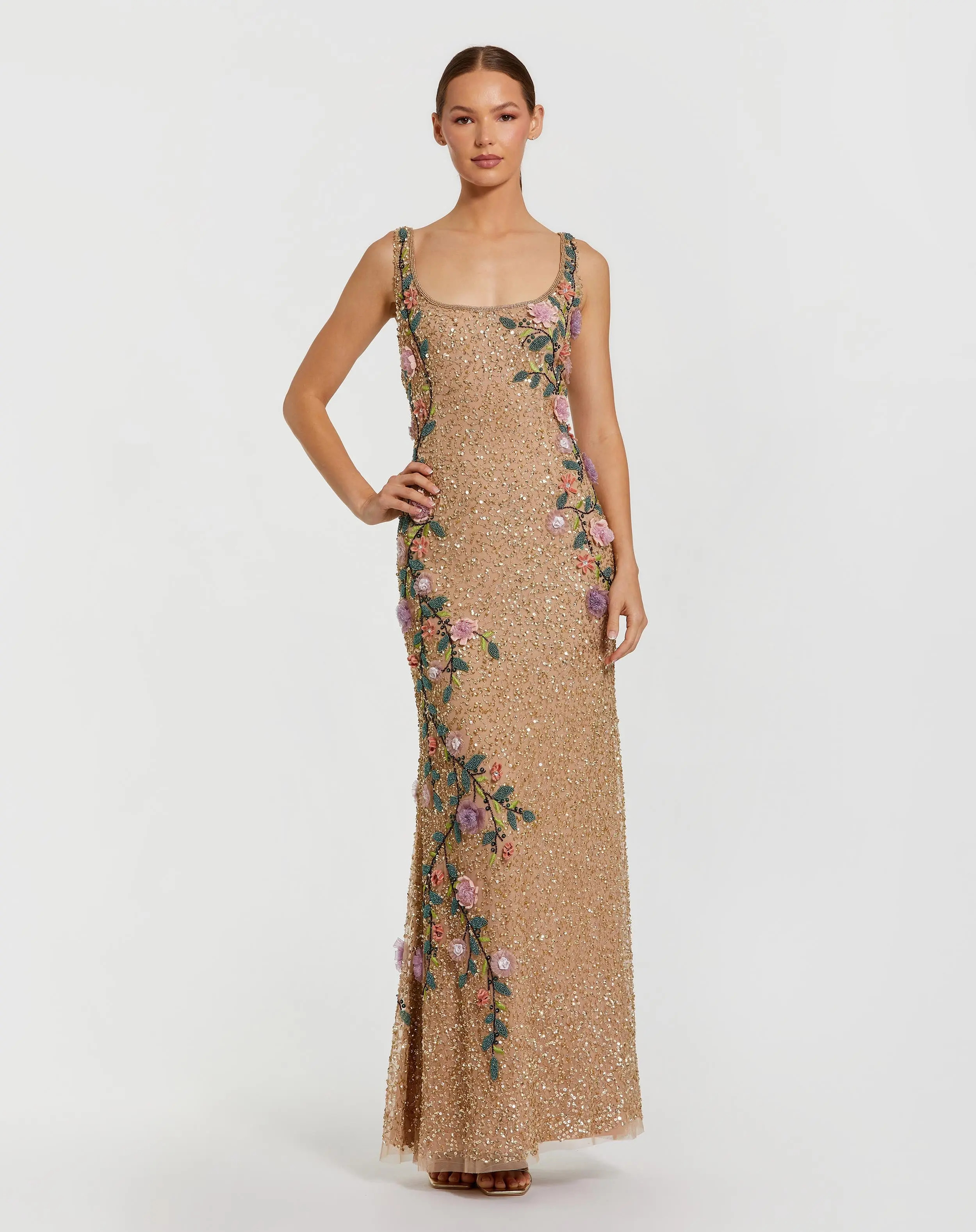 Beige Floral Beaded Mesh Scoop Neck Sleeveless Gown | Mac Duggal | Mac Duggal
