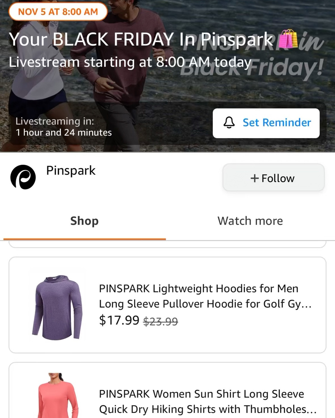Today! Wednesday, November 5, 2025 on Amazon Live ! Hosting early Black Friday deals for men and women’s activewear from top brand Pinspark on Amazon fashion! Shop live w me 8 am EST! 

Join: https://www.amazon.com/live/broadcast/af58fc5a-b385-409b-8665-83d65a7a0a66?placementId=shopping-videos-home&ref=cm_sw_al_ms_F2F3KDic2LRRC

Active sporty chic styled outfits. Petite girl friendly and all sizes for menswear. Gifts and holiday shopping  

#LTKPetite #LTKActive #LTKMens