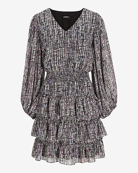 Abstract Print V-neck Long Sleeve Tiered Skirt Mini Dress | Express