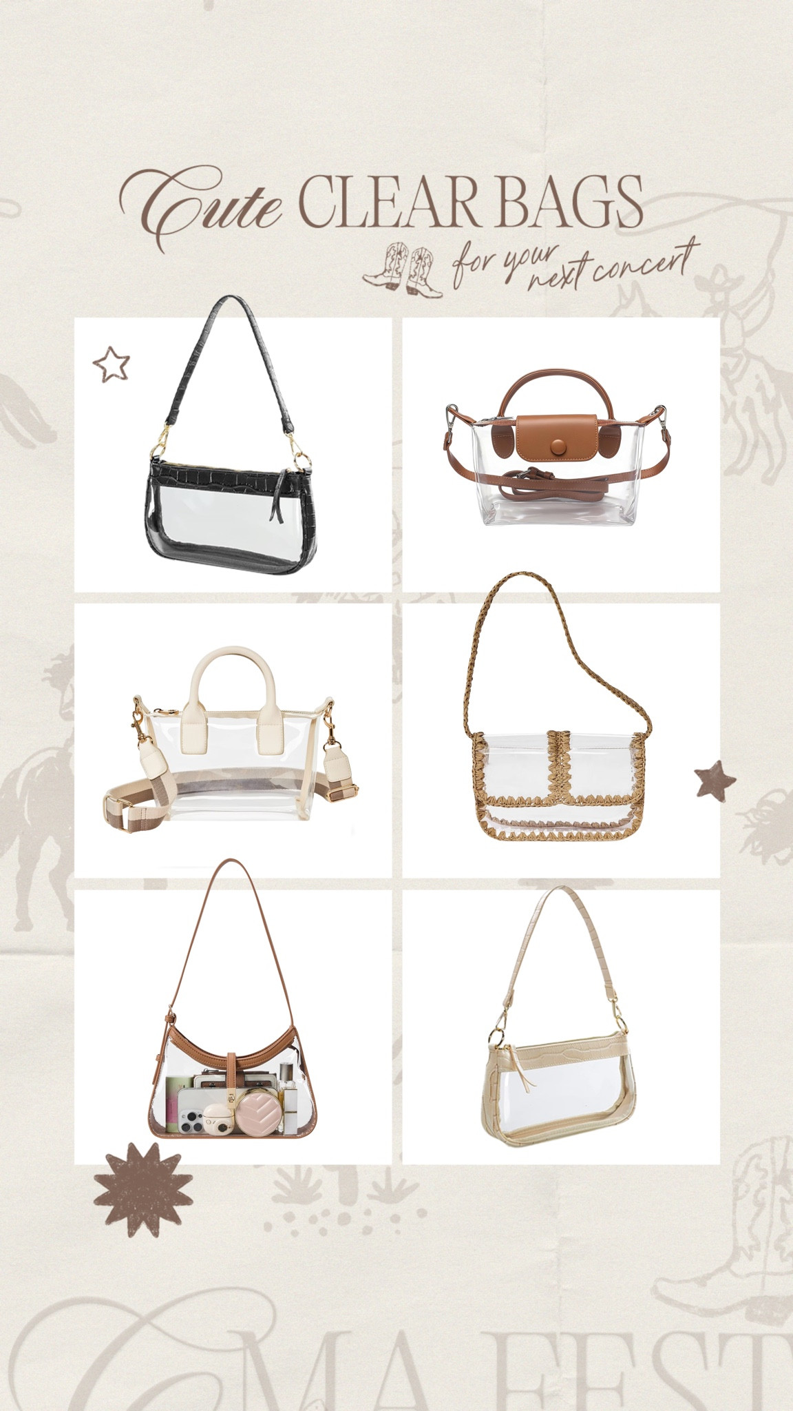 Clear bags for concerts🤍 I have the hardest time finding cute ones but these are all cute!!!