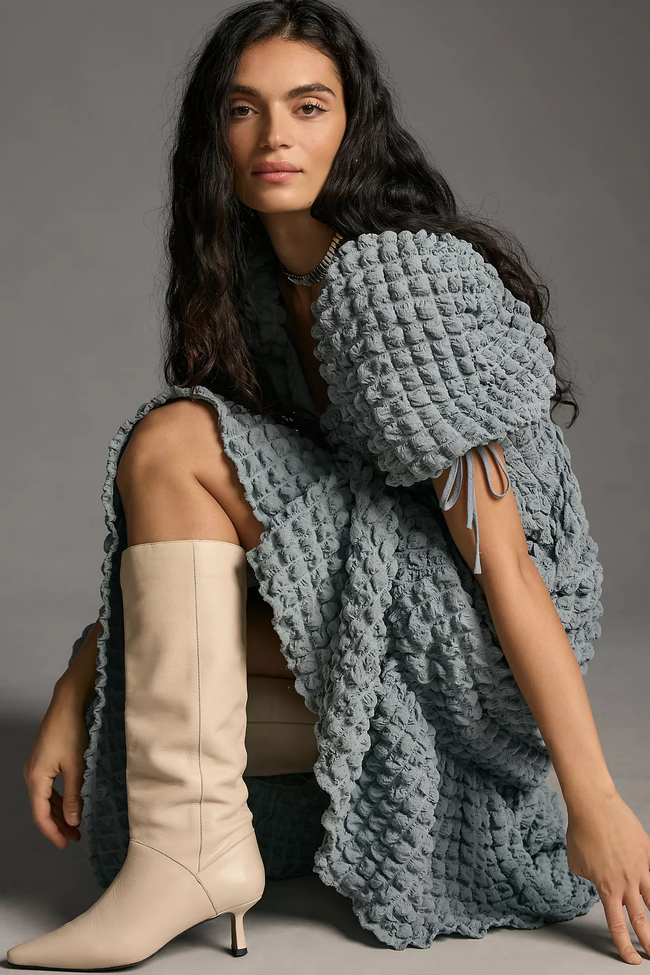 Endless Rose Puff-Sleeve Sweetheart Textured Midi Dress | Anthropologie (US)