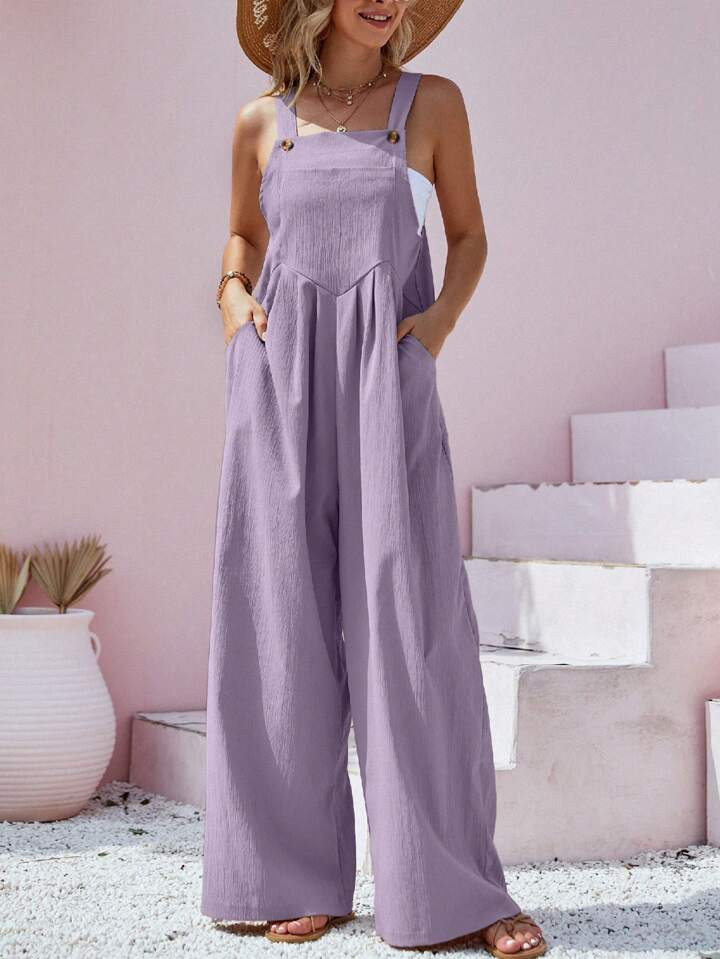 Solid Color Button Suspender Wide Leg Jumpsuit | SHEIN