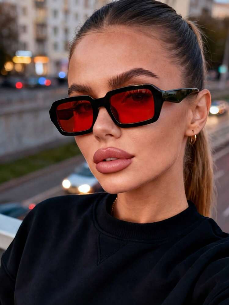 1 Pair Unisex Red Rectangular Small Frame Elegant Simple Fashion Sunglasses, Suitable For Family Outings, Travel, Holiday Outfits, Sports Style, Driving, Beach, Music Festivals, Outdoor Wear, Summer Accessories, Vacation, Golf, Hiking, Elegant Attire, Street Style Accessories, Sports, Parties, Street Style, Fishing, Outdoor Activities, Holidays, Outdoor Activities, Vacation | SHEIN