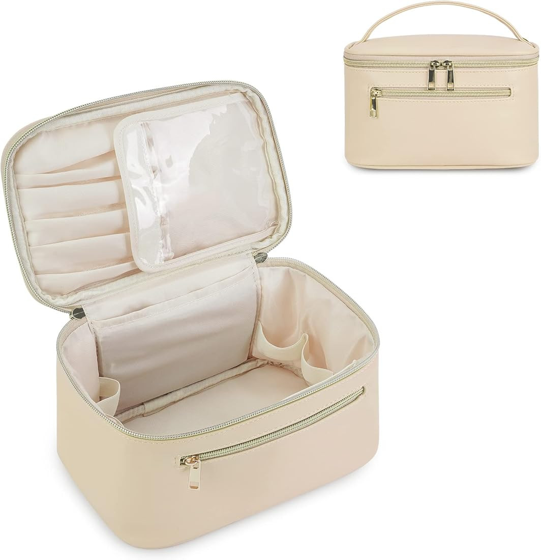 Makeup Bag, Travel Make Up Organizer Cosmetic Brush Bags Case for Women and Girls in Eco Vegan Le... | Amazon (US)