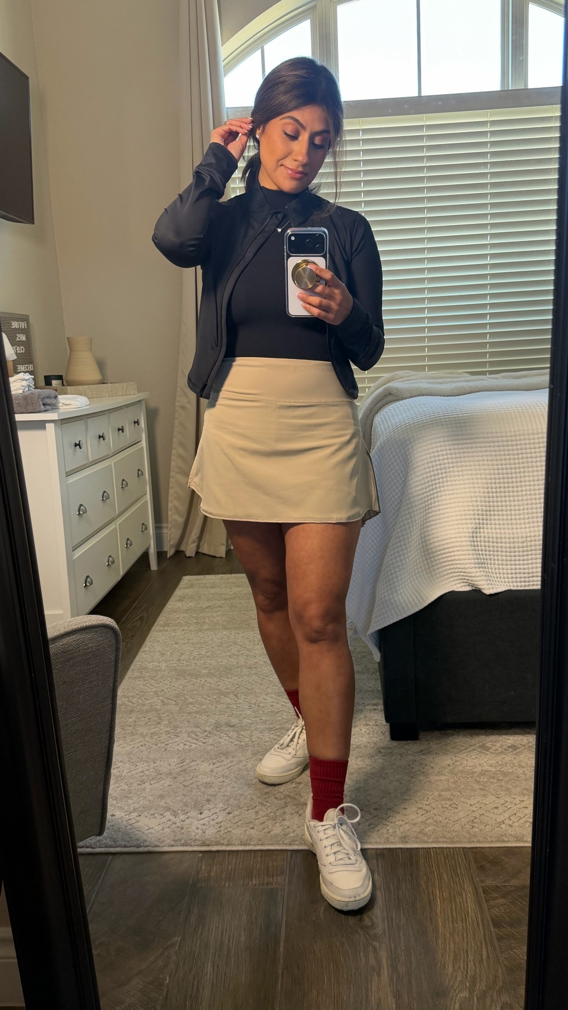 Golf outfit. Keeping it neutral. Wearing a small in my Calia bodysuit and Travis Mathew jacket. Skirt is from Amazon in a medium  

#LTKootd #LTKActive