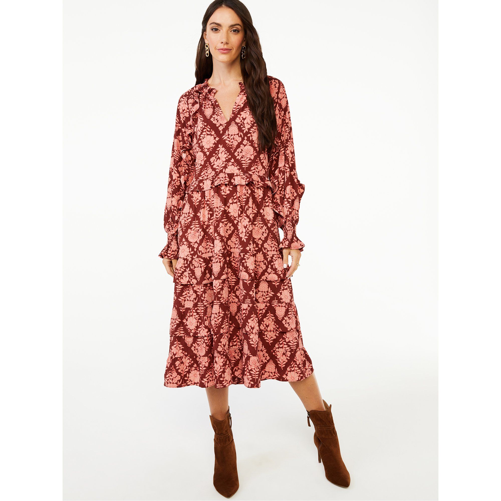 Scoop - Scoop Women's Tiered Midi Dress with Long Sleeves - Walmart.com | Walmart (US)