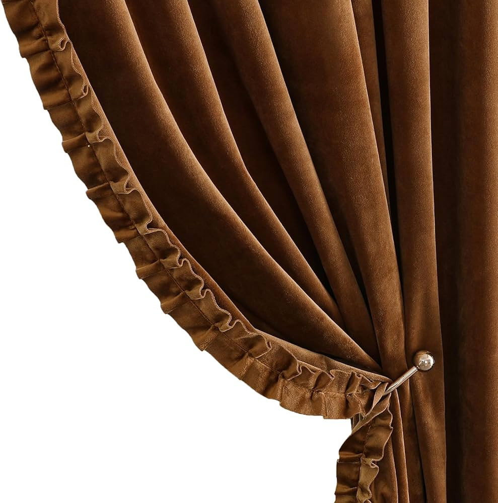 Gold Brown Ruffle Velvet Curtains for Bedroom, Shabby Chic Ruffle Trim Velvet Curtains Blackout D... | Amazon (US)