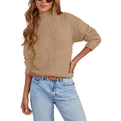 Womens Turtleneck Chunky Cable Knit Sweater Thick Cozy Textured Knit Pullover Sweater for Winter,Khaki - 2XL | Target