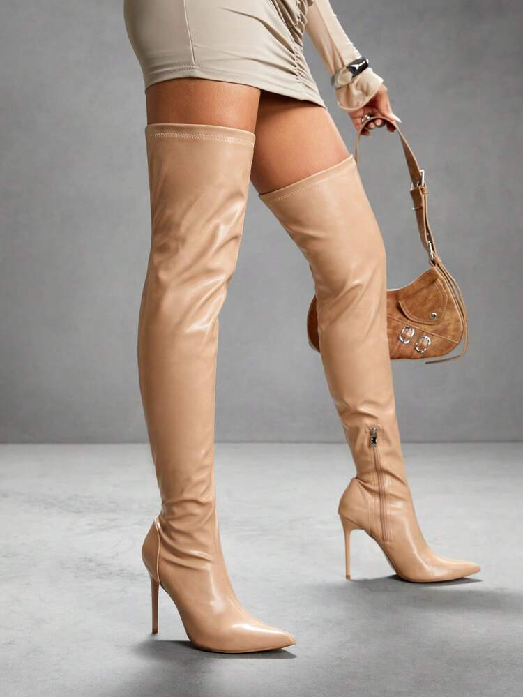 CUCCOO SZL Women's Fashion Apricot Sharp Toe Patent Leather Pointed Toe Over-The-Knee Boots,Versatile For Commute, Date, Party, Holiday | SHEIN