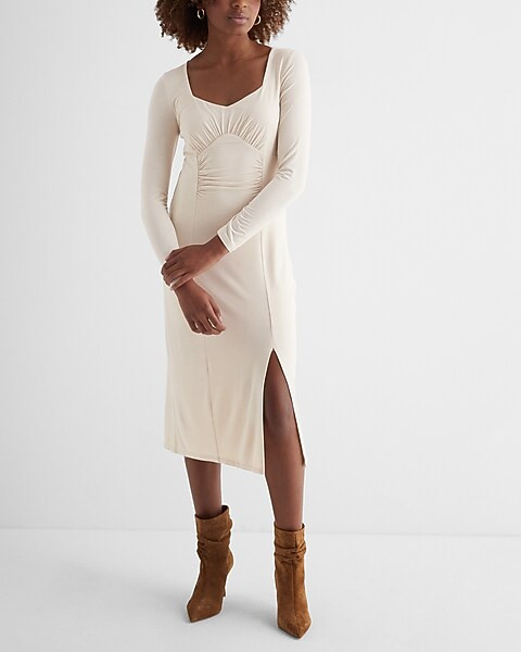 Sweetheart Neckline Long Sleeve Ruched Side Slit Midi Dress | Express