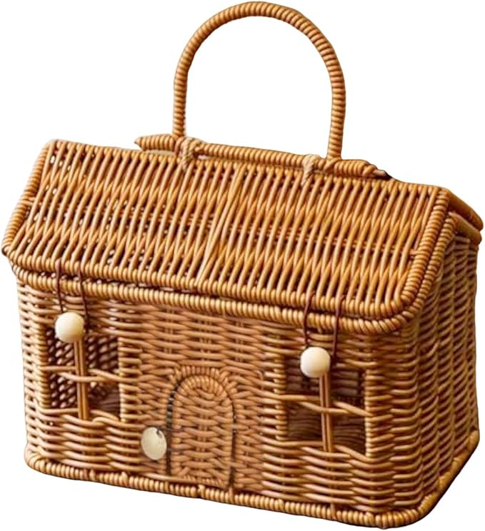 Rattan House Shaped Basket,Handmade Picnic Basket with Lid & Handle,Vintage Decorative Hand Woven... | Amazon (US)