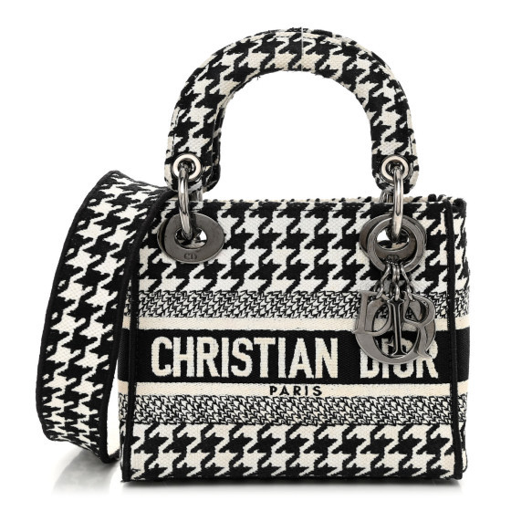Canvas Houndstooth Embroidered Mini Lady D-Lite Black White | FASHIONPHILE (US)