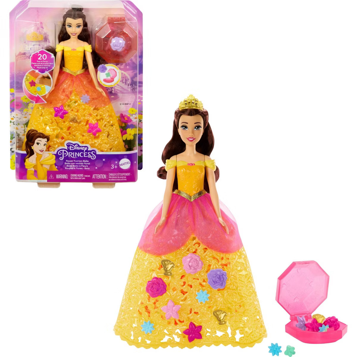 Disney Princess Flower Fashion Belle Doll with 20 Charms, Customizable Skirt & Storage Case | Target