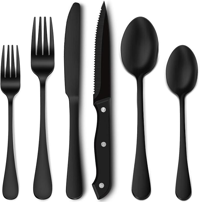 Hiware 24 Pieces Matte Black Silverware Set with Steak Knives, Stainless Steel Flatware Cutlery S... | Amazon (US)
