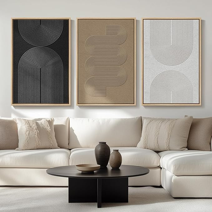 Large Framed Black and White Neutral Abstract Wall Art for Living Room, 3 Piece Boho Canvas Print... | Amazon (US)