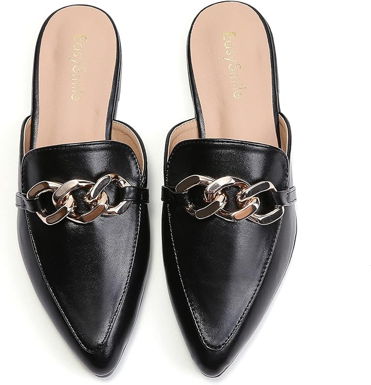 EasySmile Metal Chain Decor Flat Mules for Women Closed Pointed Toe Slip on Loafers Slides Backless  | Amazon (US)