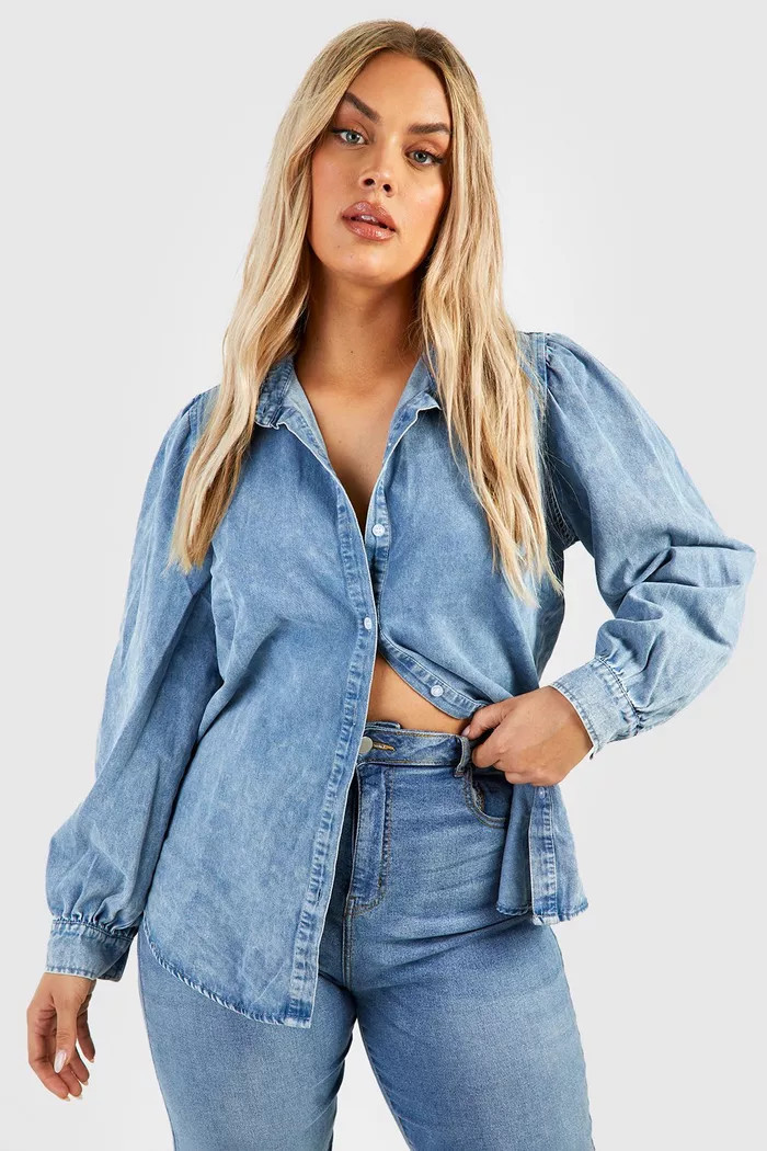 Plus Washed Puff Sleeve Denim Shirt | Boohoo.com (US & CA)