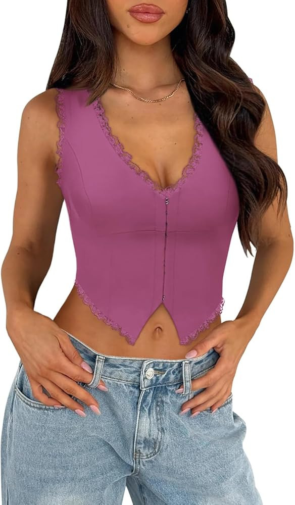 Sexy Lace Top for Women Summer V Neck Sleeveless Y2K Going Out Corset Tank Tops | Amazon (US)