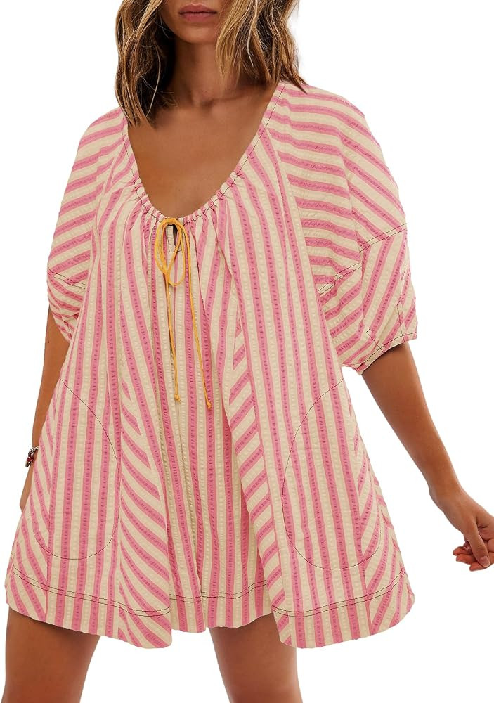 SENSERISE Womens Striped Romper Puff Sleeve Mini Shorts Romper Dress Beach Vacation Outfits with ... | Amazon (US)