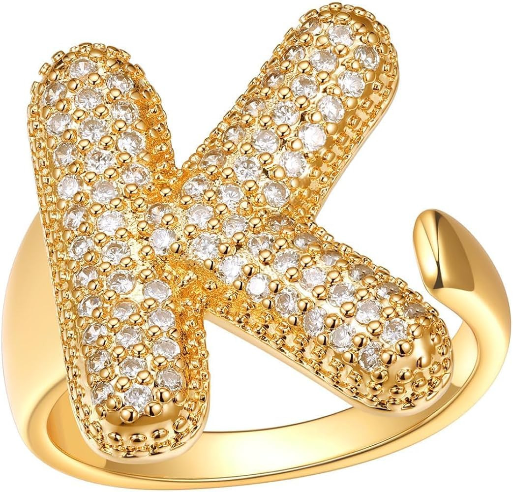 FindChic Initial Ring for Women, Gold Plated Chunky Letter Rings Open Adjustable Trendy Sparkling... | Amazon (US)