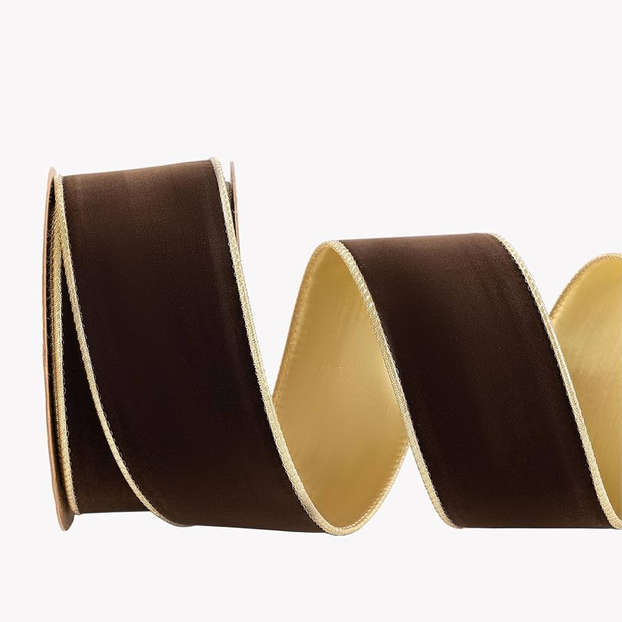 Brown Velvet Christmas Ornaments Wired Ribbon 2.5 inch Wide*10Yards Brown and Gold Double Sided V... | Amazon (US)