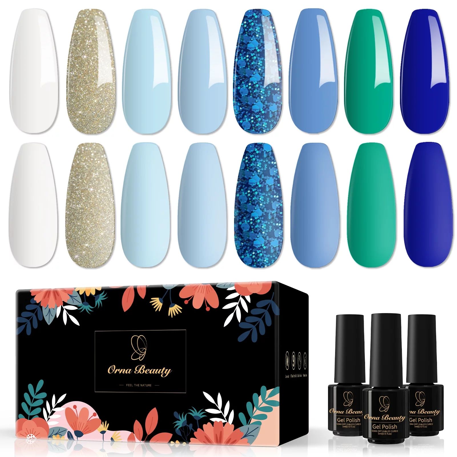 Gel Nail Polish, Orna Beauty Gel Nail Polish Sets, 8 Colors Sea Blue Series Light Blue Navy Glitt... | Walmart (US)