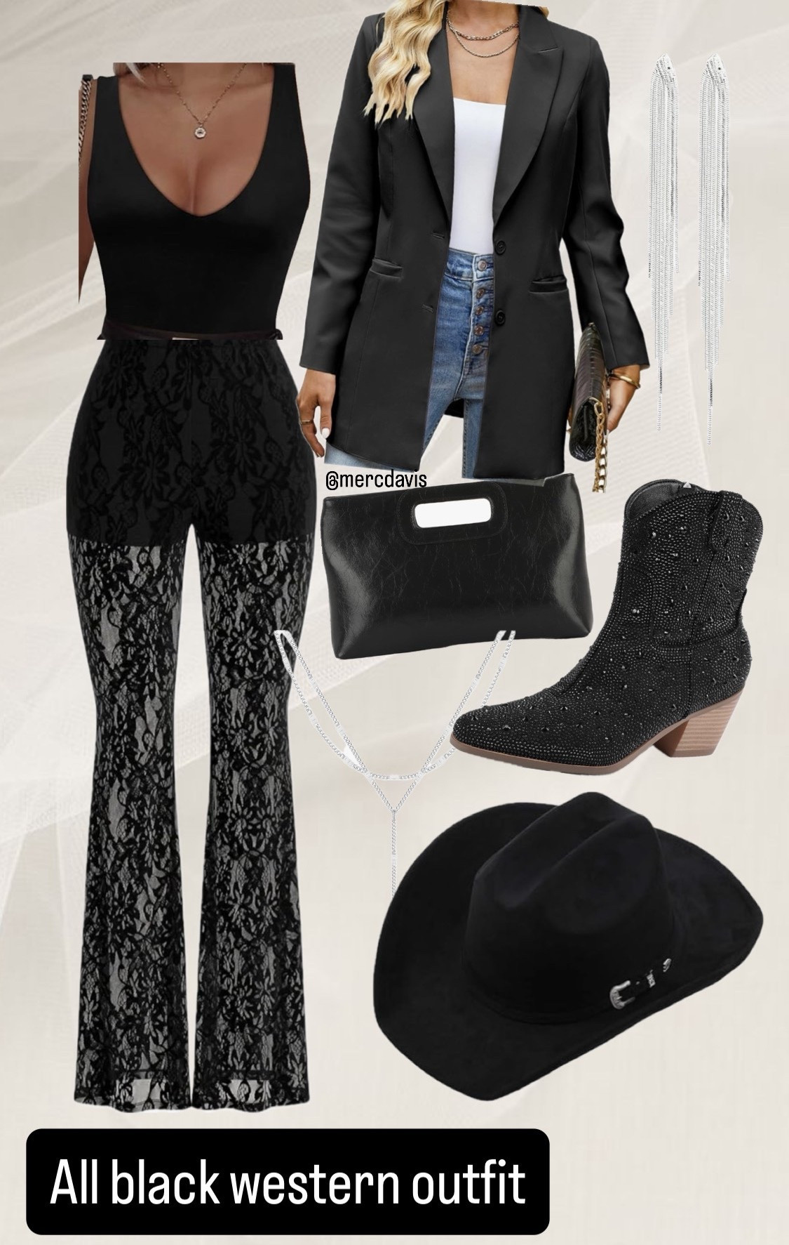 Western outfit, night out, lace pants, black jacket, black sparkle boots, black cowboy hat, silver jewelry, western 

#LTKShoeCrush #LTKStyleTip