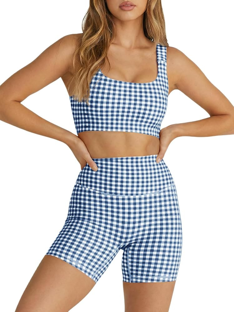 Aoysky Womens Workout Gingham 2 Piece Outfits Padded Open Back Crop Tank High Waist Sports Shorts... | Amazon (US)