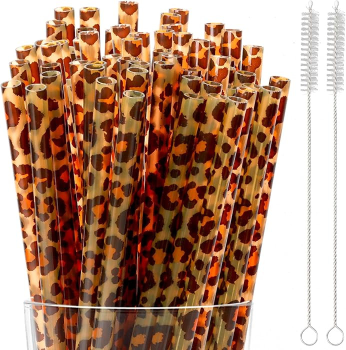 30 Pcs Reusable Brown Leopard Print Straws Cheetah Print Plastic Drinking Straws with 2 Cleaning ... | Amazon (US)