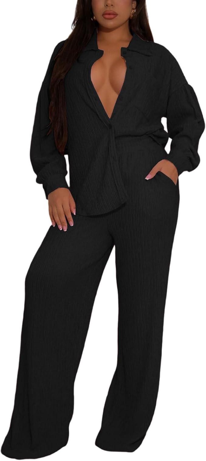 Elainone Women's 2 Piece Outfits Button-Down Shirt Long Sleeve and Flare Pleated Wide Leg Pant Se... | Amazon (US)