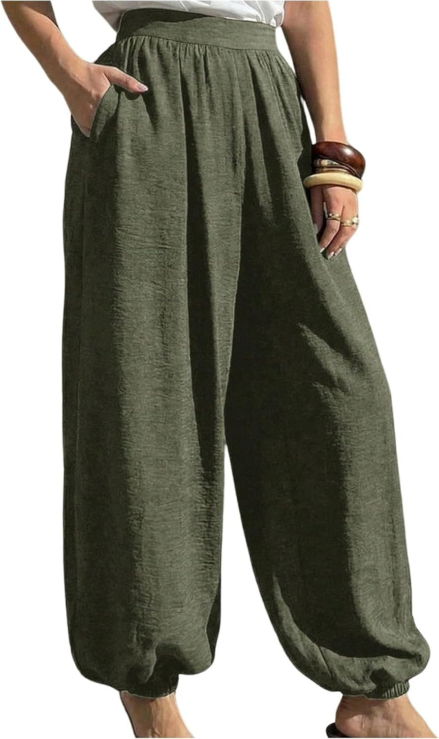 Verdusa Women's Balloon Pants with Pockets Elastic Waist Lantern Work Pant | Amazon (US)