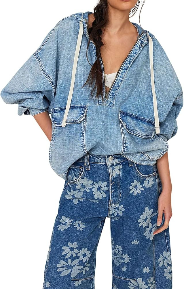 loveimgs Women Casual Denim Shirt Hoodies Pullover Oversized Jean Jacket Sweatshirt Long Sleeves ... | Amazon (US)