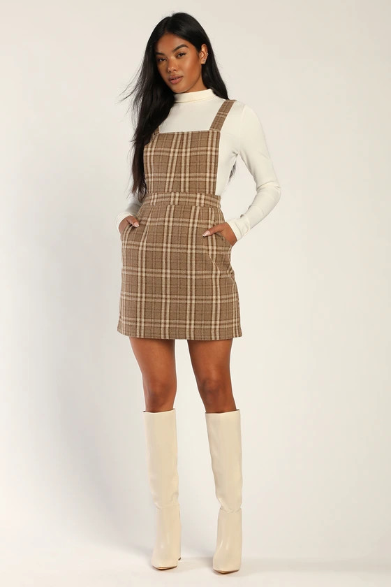Plaid to Be Yours Beige and Brown Plaid Pinafore Mini Dress | Lulus