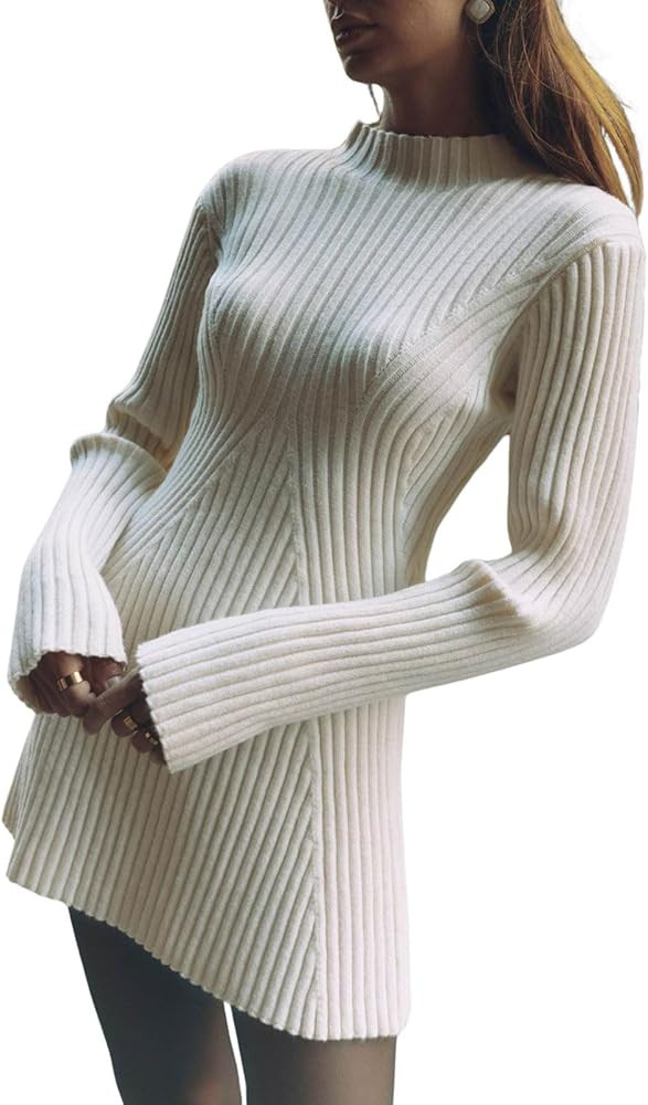 CHARTOU Women Fall Sweater Dress Mock Neck Stretchy Rib Knit y2k Mini Dress Pullover Sweater | Amazon (US)