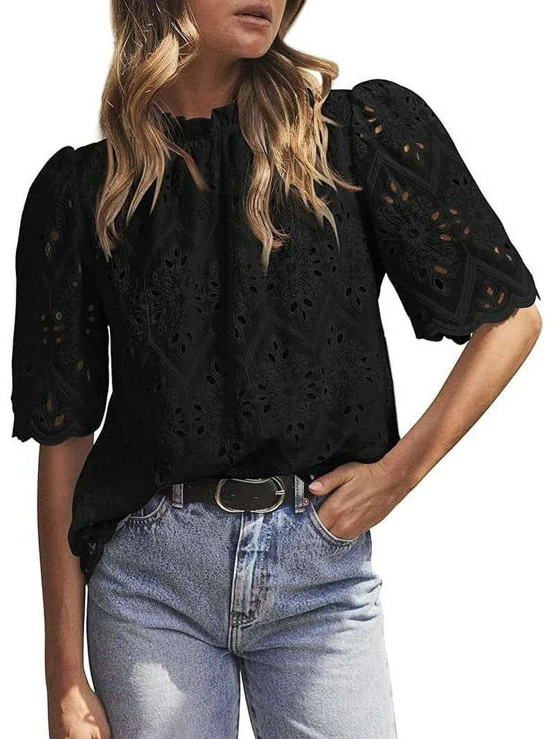 PRETTYGARDEN Summer Tops for Women Trendy Short Sleeve Eyelet Embroidered Dressy Casual Blouse Sh... | Walmart (US)