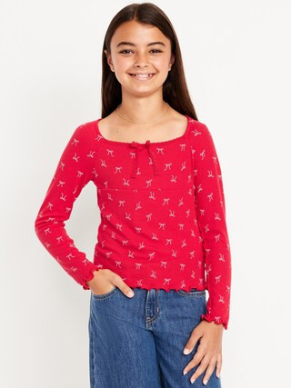 Fitted Long-Sleeve Lace-Tie Ribbed T-Shirt for Girls | Old Navy (US)