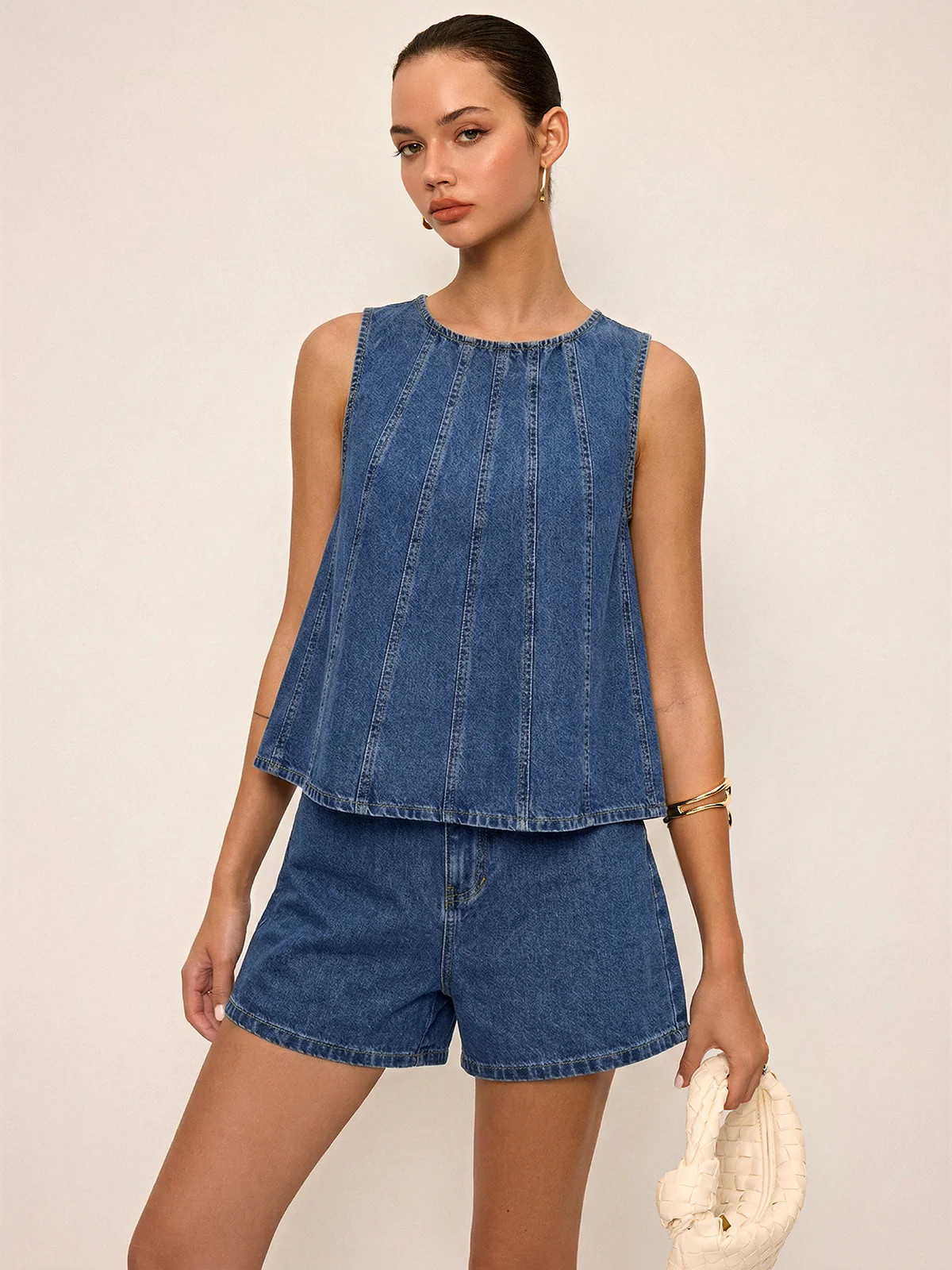 Tie-Back Denim Sleeveless Top & Shorts Set | Commense