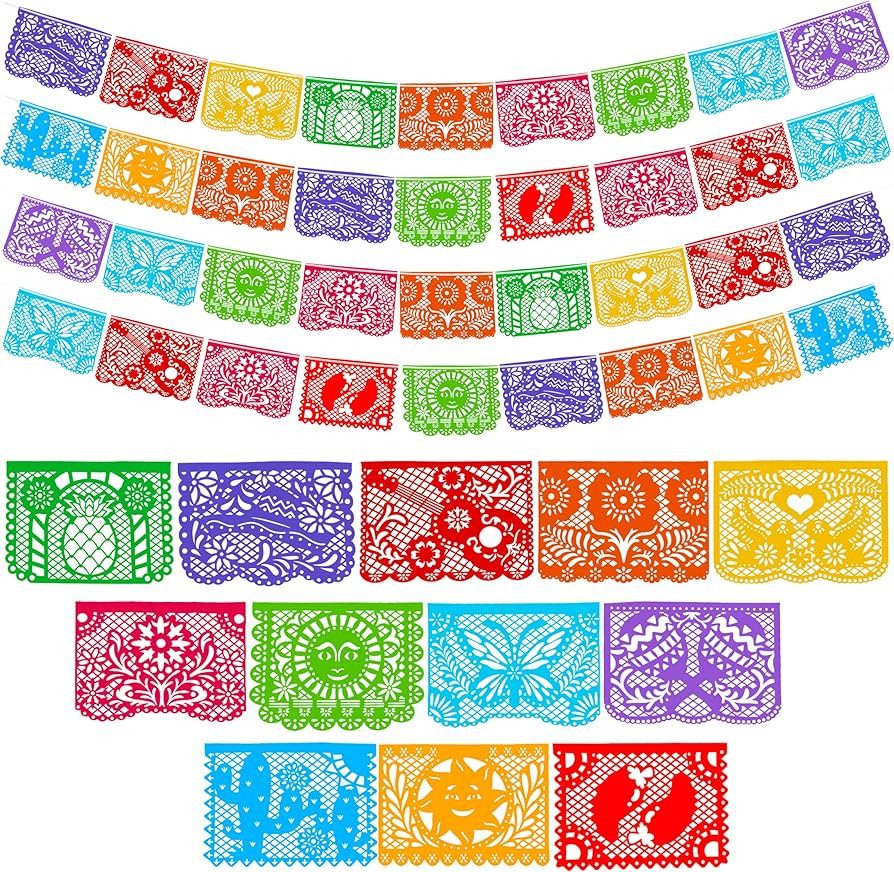 JOYIN Cinco de Mayo Plastic Papel Picado Banner(4 pack with 8 Multicolor Plastic Flags per Banner... | Amazon (US)
