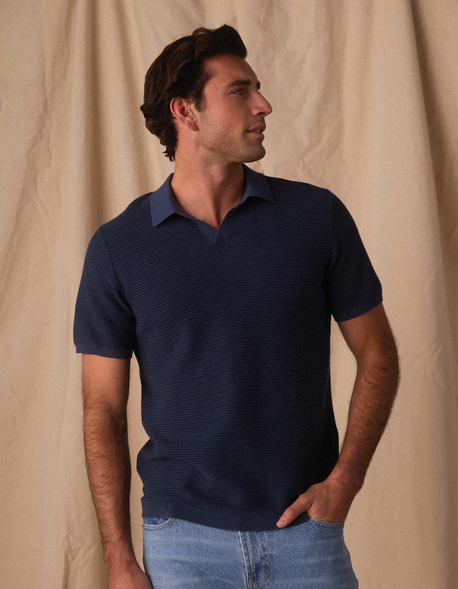 Robles Birdseye Knit Polo in Denim/Dark Navy | The Normal Brand